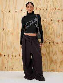 COUREZ Suéter acanalado ajustado con cremallera asimétrica y gráfico / Salida Y2K para mujeres Primavera Tops de salida para mujeres Suéter de primavera para mujeres Rave - Negro - Ver 2