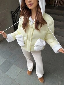 Sweetina 女士卫衣，奶油黄，背面有可爱的熊图案，甜美的Y2K风格，带熊耳朵，柔软舒适 - 黃色 - 查看 6