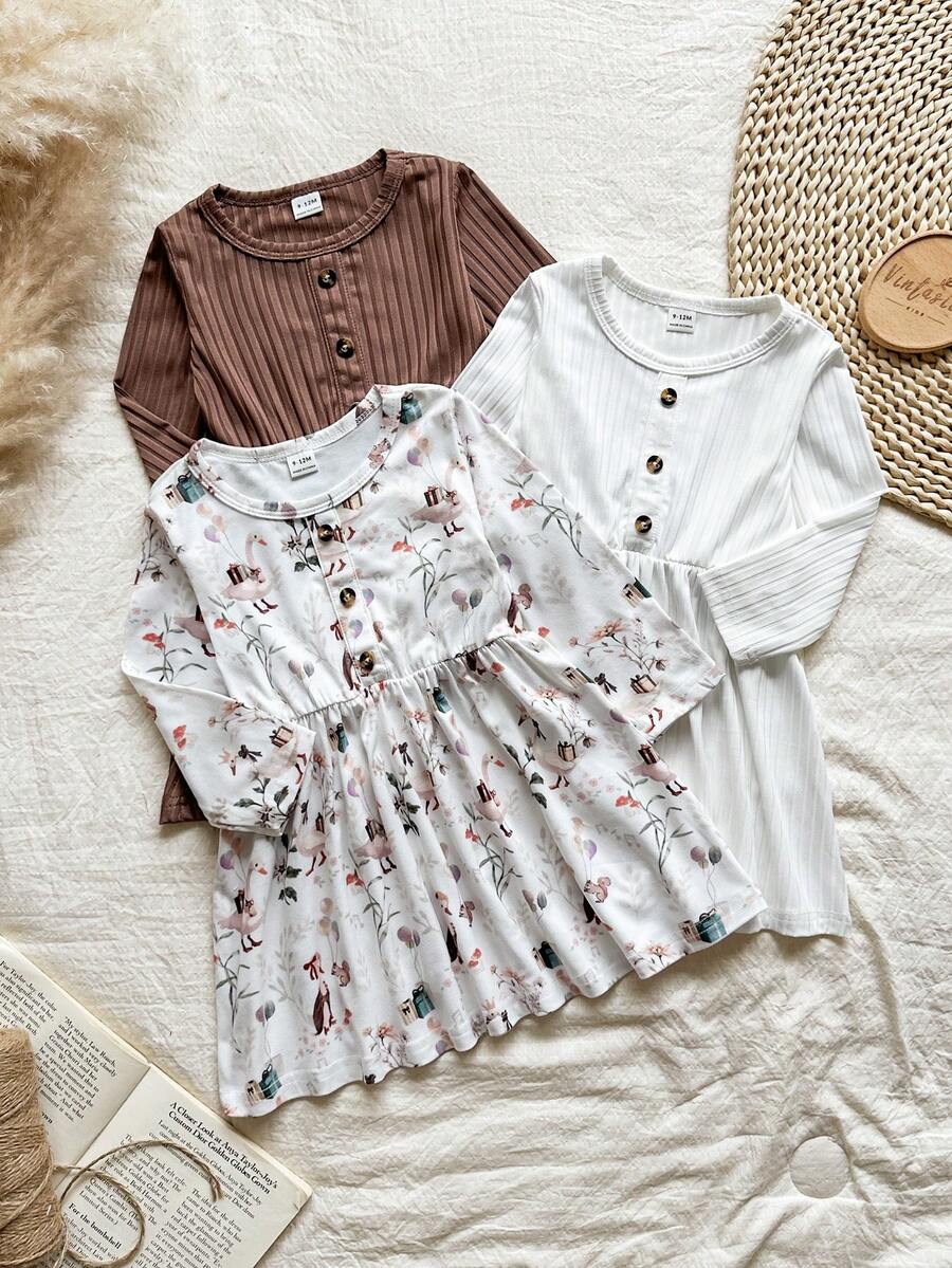 Vintaside Kids Vestido de tres piezas dulce y lindo para bebé niña, de cuello redondo, de manga larga y a rayas multicolor, para otoño e invierno. El estilo de unicolor es simple y elegante, con un ajuste suelto y cómodo. Está completamente estampado con lindos patrones de animales como patitos y ardillas, y la decoración con hebilla de estampado de leopardo adorna el pecho. - Multicolor - Ver 1