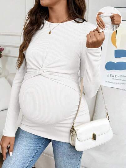 SHEIN 孕妇纯色圆领长袖扭腰休闲哺乳上衣 白色