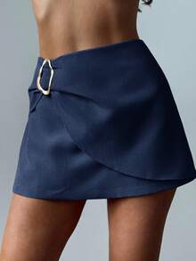 Firerie Minifalda de lino con envoltorio frontal de metal, elegante y minimalista, para uso diario - Azul Marino - Ver 5