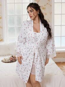 CottageSlumber Plus Size Lingerie Set For Women,White French Ditsy Floral Spaghetti Strap Nightgown,Soft Lace Robe,Autumn Family Matching Loungewear Clothes - Multicolor - View 6