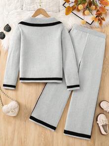 2pcs/Set Tween Girl Autumn/Winter Fashion Contrast Trim Double-Breasted Collar Cardigan & Wide Leg Knit Pants, Casual Korean Style Suitable For Daily, Shopping, Outdoor, School