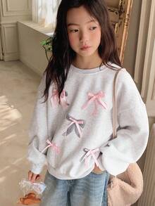 DAZY Sudadera de felpa de cuello redondo con lazo y diseño estampado para niñas preadolescentes, otoño - Gris - Ver 3