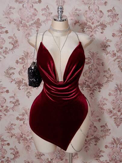 SHEIN ICON Plus Size Velvet Exaggerated Plunging Neckline Rhinestone Decor Backless Criss-Cross High Slit Mini Dress