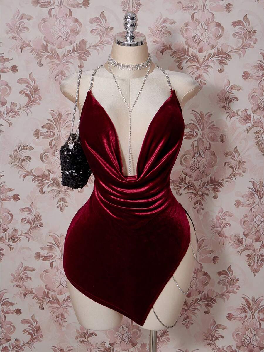SHEIN ICON Plus Size Velvet Exaggerated Plunging Neckline Rhinestone Decor Backless Criss-Cross High Slit Mini Dress/Christmas