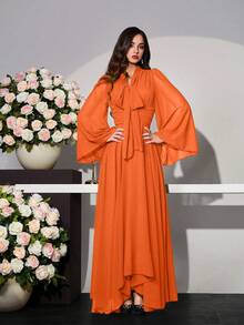 Modelyn Đầm suông cổ bẻ tay loe màu trơn thanh lịch dành cho nữ - trái cam - Xem 7