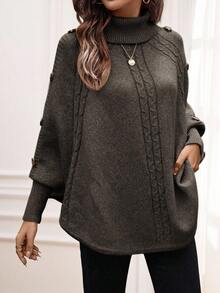 SHEIN LUNE بونشو كنزة صوفية نسائية كاجوال/للعمل بأكمام خفافيش وياقة عالية وأزرار زخرفية وحاشية غير متماثلة، خريف/شتاء - أخضر عسكري - مشاهدة 6