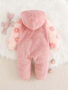 Cozy Pixies Bộ đồ liền thân dài tay có mũ trùm đầu họa tiết hoa vải nhung dày dặn cho bé gái màu tương phản - Hồng - Xem 2