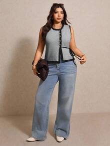 Elaquor 大码休闲简约撞色系带金属扣针织背心女式上衣无袖系带上衣秋冬款 - 灰色 - 查看 4