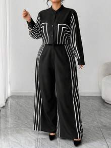 Elenzga 女式立领数码印花几何线条图案长袖前开衫，法式优雅风格；搭配直筒印花裤，适合办公室穿着和日常穿着 - 黑色 - 查看 6