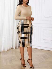 SHEIN Lady Women's Round Neck Long Sleeve Plaid Patchwork Fitted Elegant Mini Dress - Multicolor - View 4