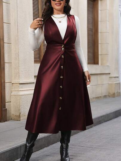 Vionelle Plus Button Front PU Leather Dress Without Tee, For Winter Maxi Women Outfit Button Dress Midi Dress Satin Midi Dress Wine Dress Elegant Midi Dress