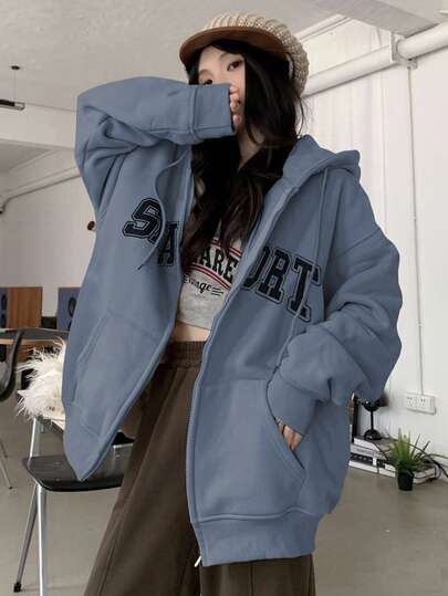 DAZY 女士字母印花宽松加厚抓绒卫衣，秋季连帽衫，女士秋季服装外套拉链款，冬季