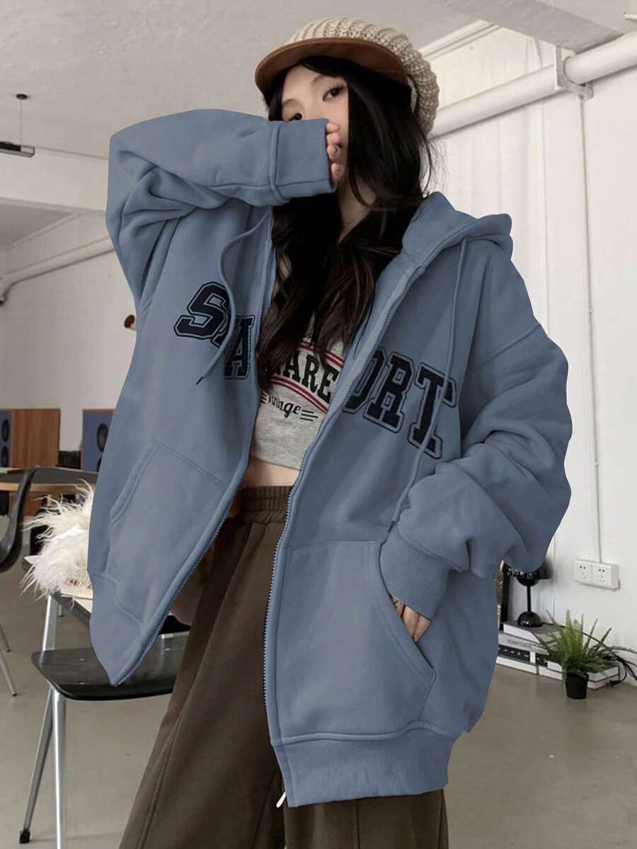 DAZY 女士字母印花宽松加厚抓绒卫衣，秋季连帽衫，女士秋季服装外套拉链款，冬季