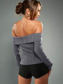 MISSGUIDED Ribbed Off Shoulder Cardigan With Button Front Long Sleeve Knit Top For Fall Winter - Dark Grey - View 2