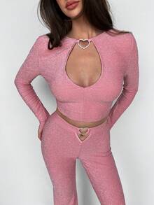 Sweetina 2 pezzi/Set Tunica a T-shirt lunga con cuore traforato metallizzato per donna - Rosa - Visualizzare 5