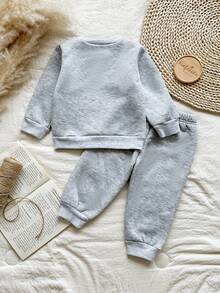 Vintaside Kids Baby Boy 2pcs Set,Gray,Winter,Modest,Family Matching Knight Embroidery Fleece Thickened Warm Sweatshirt & Tapered Pants,Casual Sporty Kids Outfits - Light Grey - View 2