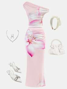 少女碎花不对称褶皱修身半身裙两件套，休闲百搭，适合夏季、度假、情人节穿着。 - 粉色 - 查看 7