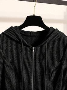 Franclia 女式纯色简约休闲连帽衫上衣和裤子两件套 - 黑色 - 查看 4