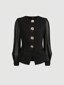 SHEIN PETITE 女士优雅休闲/办公不对称金属装饰雪纺拼接长袖衬衫 - 黑色 - 查看 1