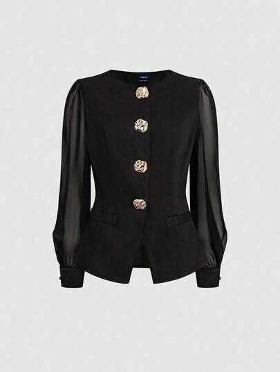 SHEIN PETITE Women's Elegant Casual/Office Asymmetrical Metal Decor Chiffon Patchwork Long Sleeve Blouse