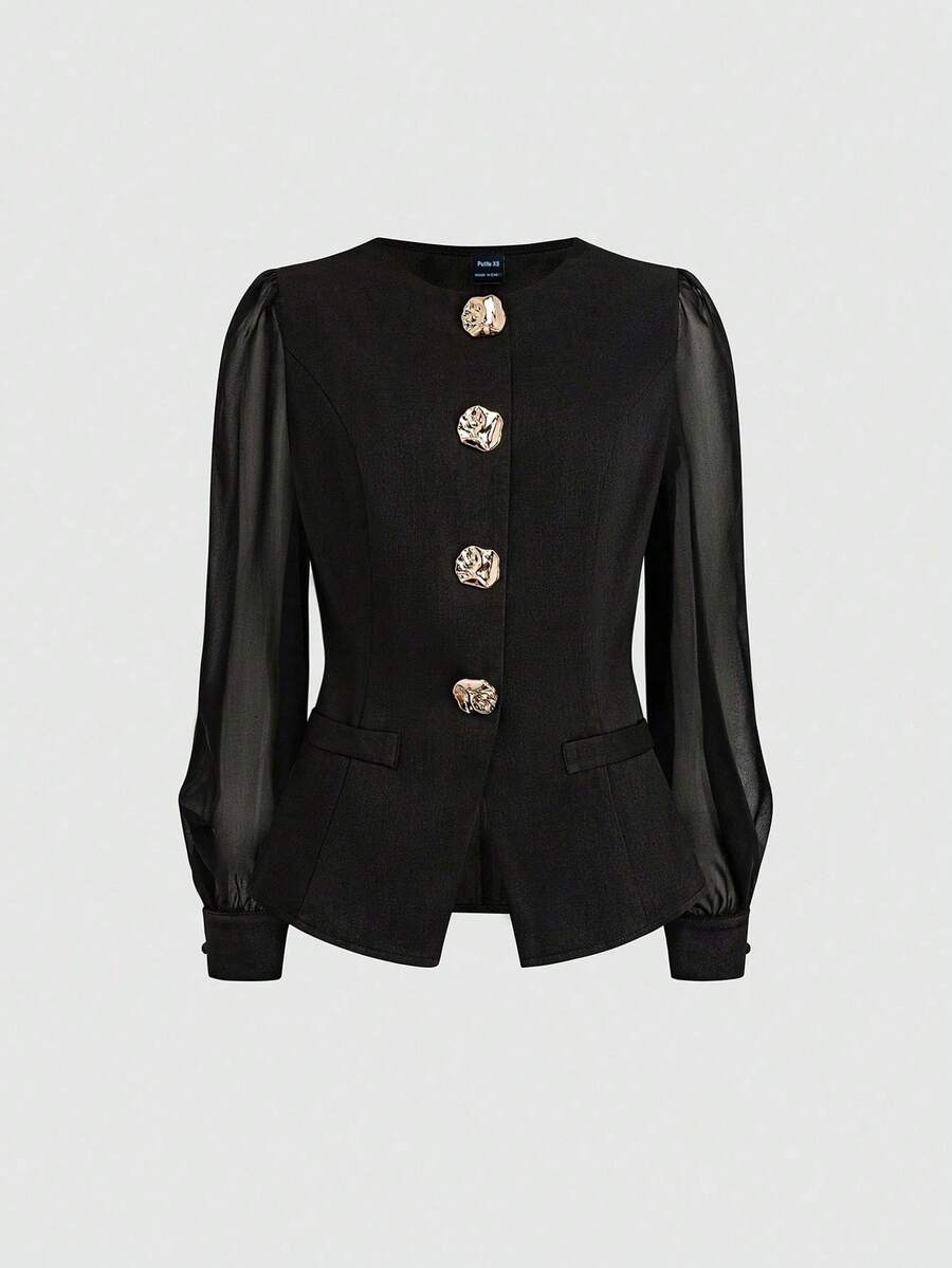 SHEIN PETITE 女士优雅休闲/办公不对称金属装饰雪纺拼接长袖衬衫 - 黑色 - 查看 1