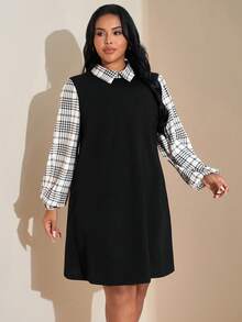 SHEIN Tall CURVE 大码女式黑色毛绒罗纹拼接袖白色纯色衬衫领设计长袖连衣裙，秋冬连衣裙 - 彩色 - 查看 3