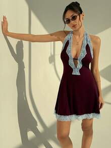 Aloruh 女士深V领蕾丝拼接撞色迷你连衣裙 - 酒紅色 - 查看 8