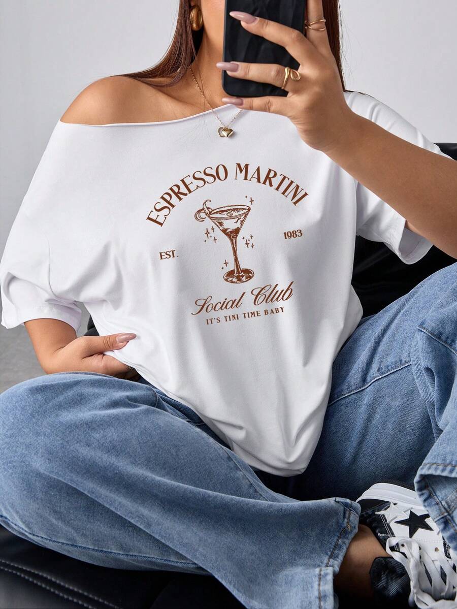 Flirla Plus Size Women's Loose Espresso Martini Graphic Asymmetrical Neck Short Sleeve Plus Size T-Shirt, White, For Summer