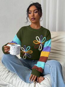 EMERY ROSE Casual Colorblock Striped 3D Floral Decor Sweater, Autumn/Winter