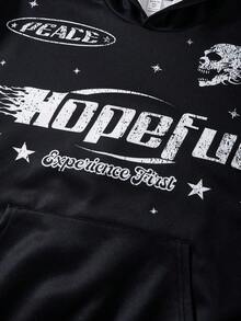 2 件青少年男孩休闲日常舒适印花连帽运动衫和直筒运动裤套装 - 黑色 - 查看 4