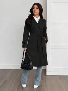 SHEIN PETITE 女士休闲日常通勤简约纯色保暖风衣，秋冬款 - 黑色 - 查看 5