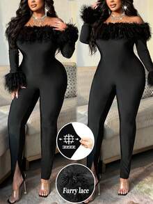 NU&NOW 大码女式毛茸茸装饰长袖连体裤，浪漫约会夜派对俱乐部服装，设计感十足 - 黑色 - 查看 8