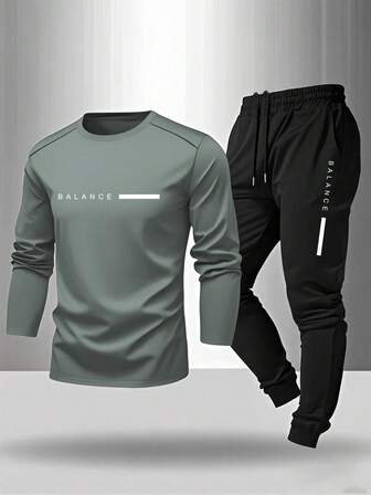 Manfinity Sport Corelite Men's Letter Print Tracksuit Top And Pants Men 2 Pieces Outfits Gym Sets Long Sleeve Gym Clothes Men Set Long Sleeve Gym Set Men Track Suit Mens Gym Set Mens 2 Piece Outfits Athletic Long Sleeve Shirt
