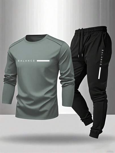 Manfinity Sport Corelite Conjunto de treino masculino com estampa de letras, composto por blusa e calça. Conjunto de duas peças para academia, com mangas compridas.