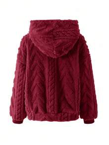 SHEIN Girlism 2pcs/Set Tween Girls Warm Textured Fleece Loose Fit Casual Hoodie And Sweatpants Set, Autumn - Burgundy - View 4
