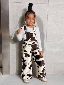 SHEIN 年轻女孩休闲时尚街头奶牛印花牛仔背带裤