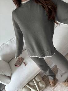 Flirla Women's Casual Everyday Commute Contrast Binding Dropped Shoulder Loose Knit Sweater And Knit Pants 2 Pieces Set, Autumn/Winter - Dark Grey - View 5