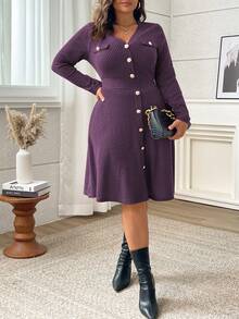 Vionelle Plus Size V-Neck Long Sleeve Cinched Waist A-Line Midi Dress,Dark Purple,Autumn,Elegant,Formal Solid Color Ribbed Button Violet Dress - Purple - View 7