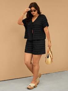 Elaquor Plus Size Vacation Casual Solid Color Tie Front Top And Shorts 2 Pieces Set
