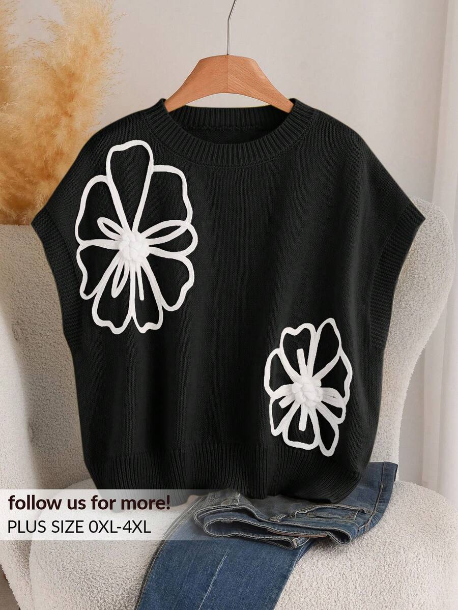 CosyJoli Plus Size Women 3D Floral Pattern Knit Sweater, Casual For Autumn - Black - View 1