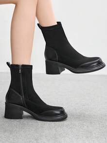 CUCCOO BIZCHIC 女士休闲粗跟中筒靴，适合日常穿着 - 黑色 - 查看 1