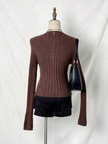 SHEIN Unity Henry Neck Button Sweater, Casual Winter Ladies Knitted Sweater - Brown - View 2