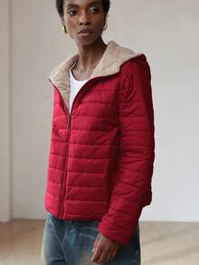 EMERY ROSE 冬季服装休闲简约连帽加厚棉服外套 - 酒紅色 - 查看 6