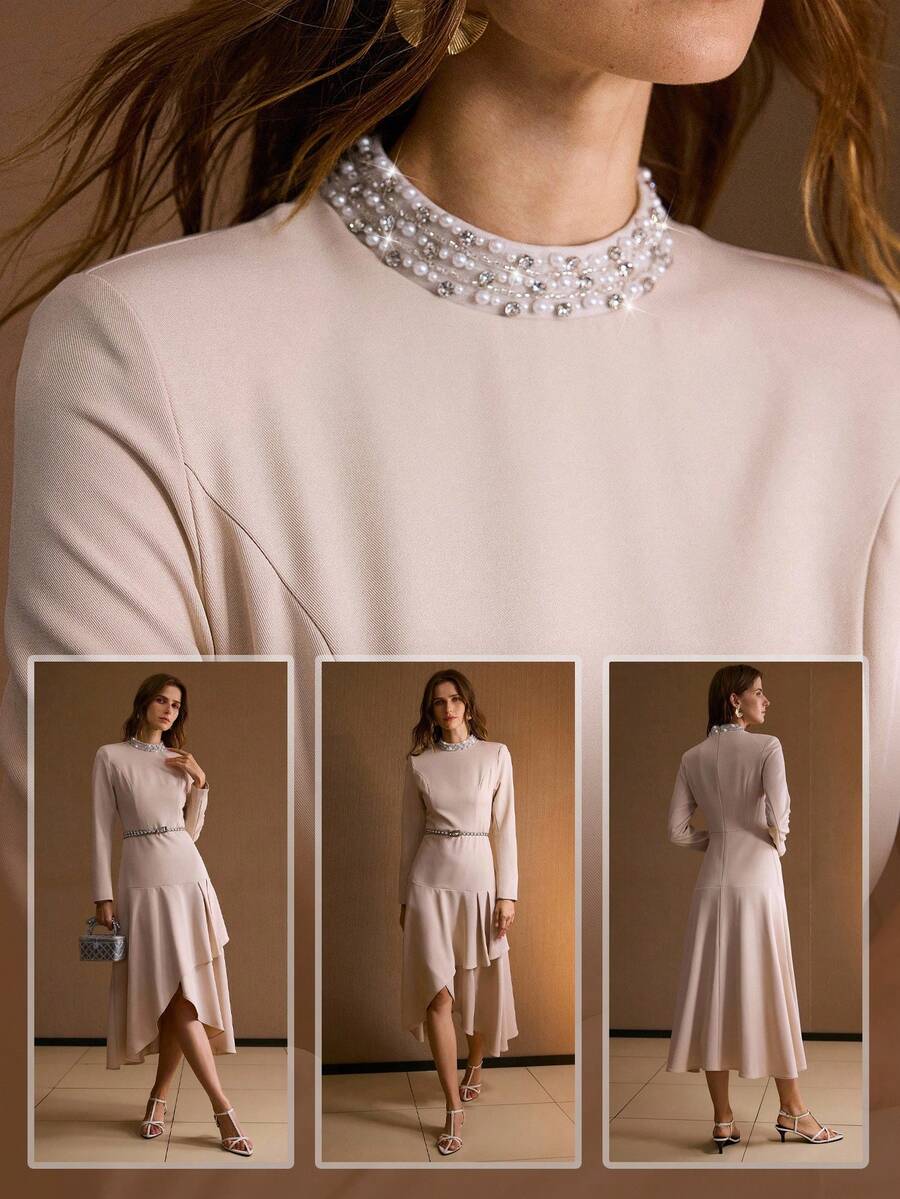 MOTF PREMIUM FAUX PEARL TRIM ASYMMETRICAL HEM DRESS WITHOUT BELT - Apricot - View 1