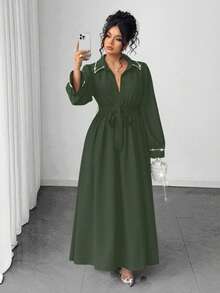 Elenzga Vestido elegante de talla grande con decoración de perlas y rhinestones para uso diario - Verde militar - Ver 1
