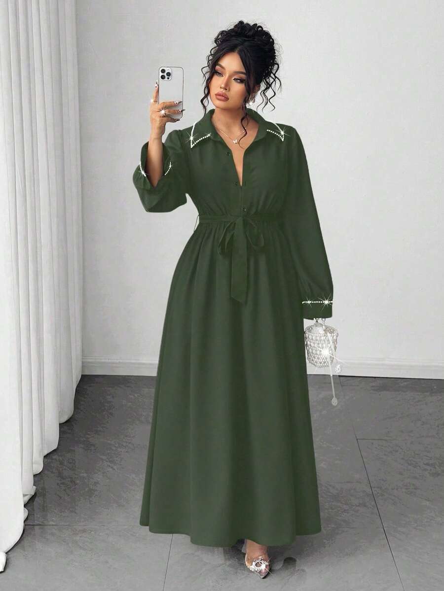 Elenzga Vestido elegante de talla grande con decoración de perlas y rhinestones para uso diario - Verde militar - Ver 1