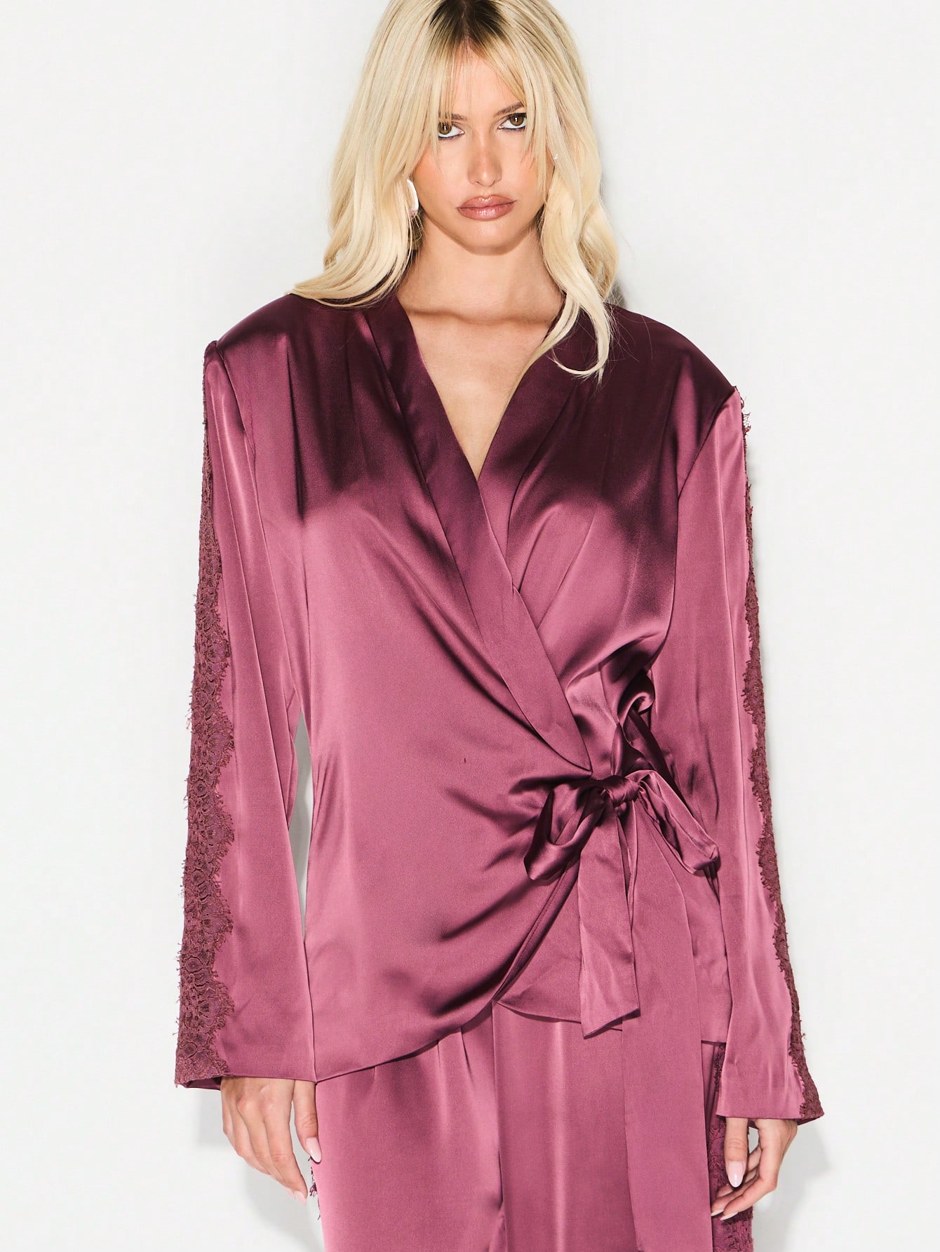 KIZN Satin Wrap Blouse With Lace Trim