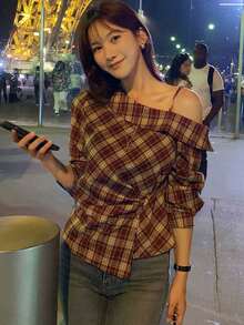 DAZY 1件装 女士不对称肩带长袖女式衬衫 - 棕色 - 查看 4